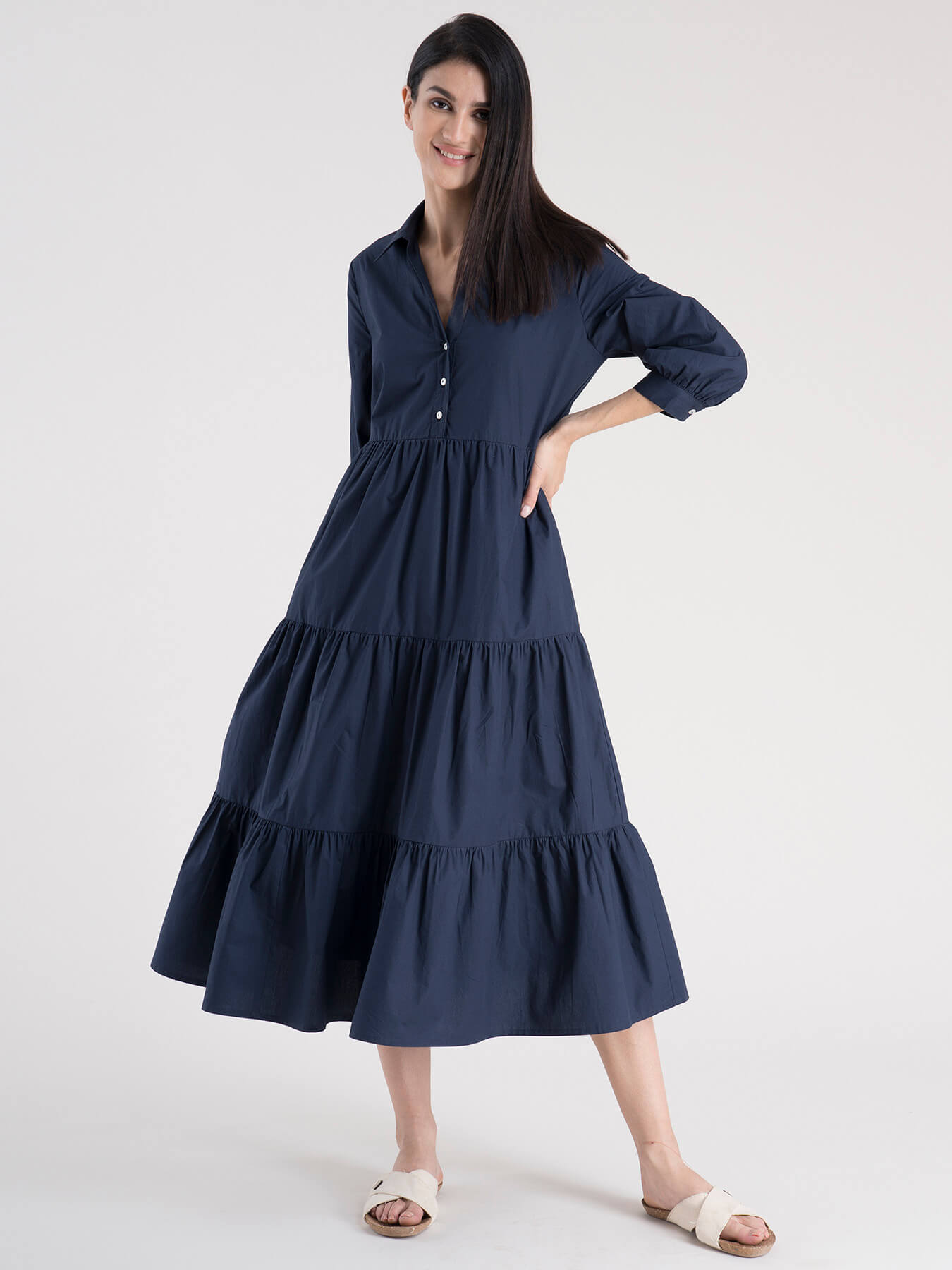 Buy Navy Blue Cotton 3 Tiered Dress ...